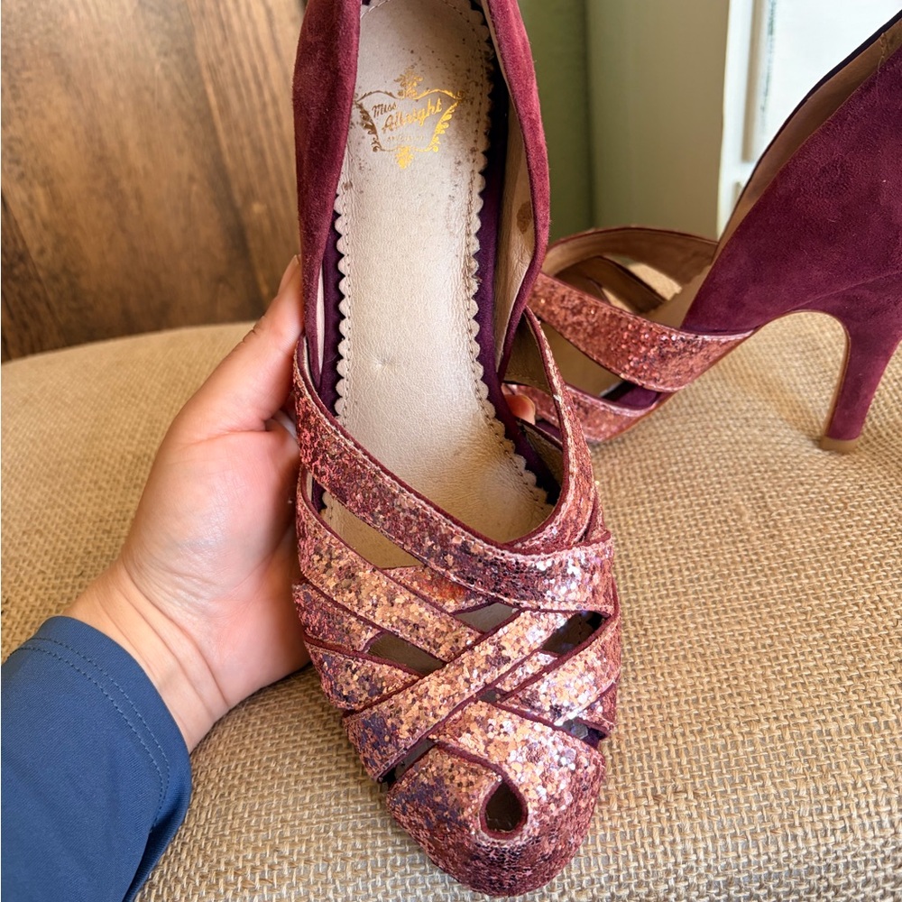 🩷Miss Albright🩷Women's Plum Suede & Rose Gold Glitter Heels - Picture 3 of 9
